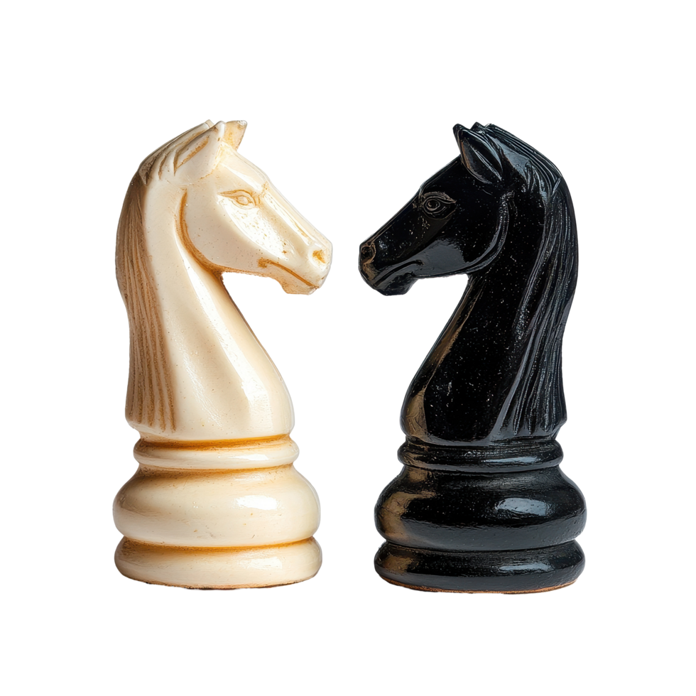 Chess pieces rivalry in miniature on a white background highlighting the strategic battle between colors, Chess Pieces Rivalry in Miniature png