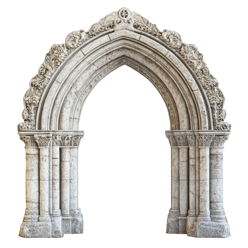Stone archway with intricate carvings and doorway against a Transparent background, stone arch with carvings and a doorway, background png