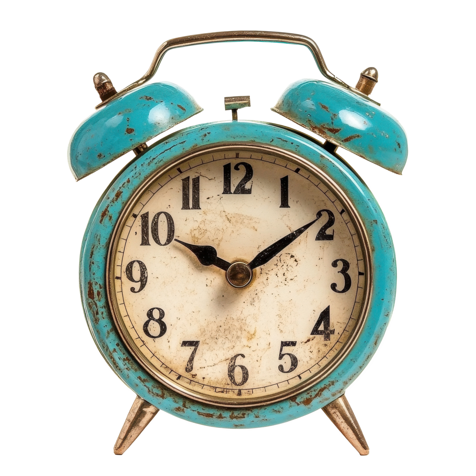 Vintage turquoise alarm clock isolated on Transparent background for waking up at two oclock, Time clock alarm clock isolated wake up vintage old png