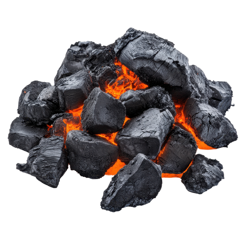 Coals burning brightly on a white surface showcasing their texture and color variations, coals isolated on Transparent background png