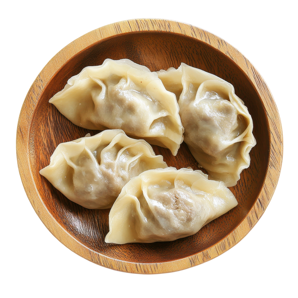 Delicious dumplings with meat served in a wooden bowl against a Transparent background, dumplings with meatisolated on background png