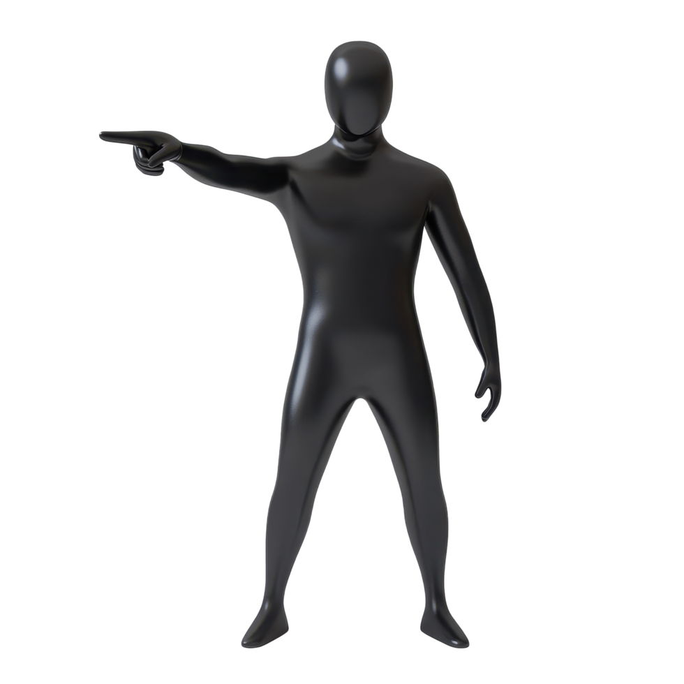 minimalist black mannequin pointing in a simple isolated setting highlighting gesture and expression, pointing black man minimalist simple 3d isolated on Transparent background png