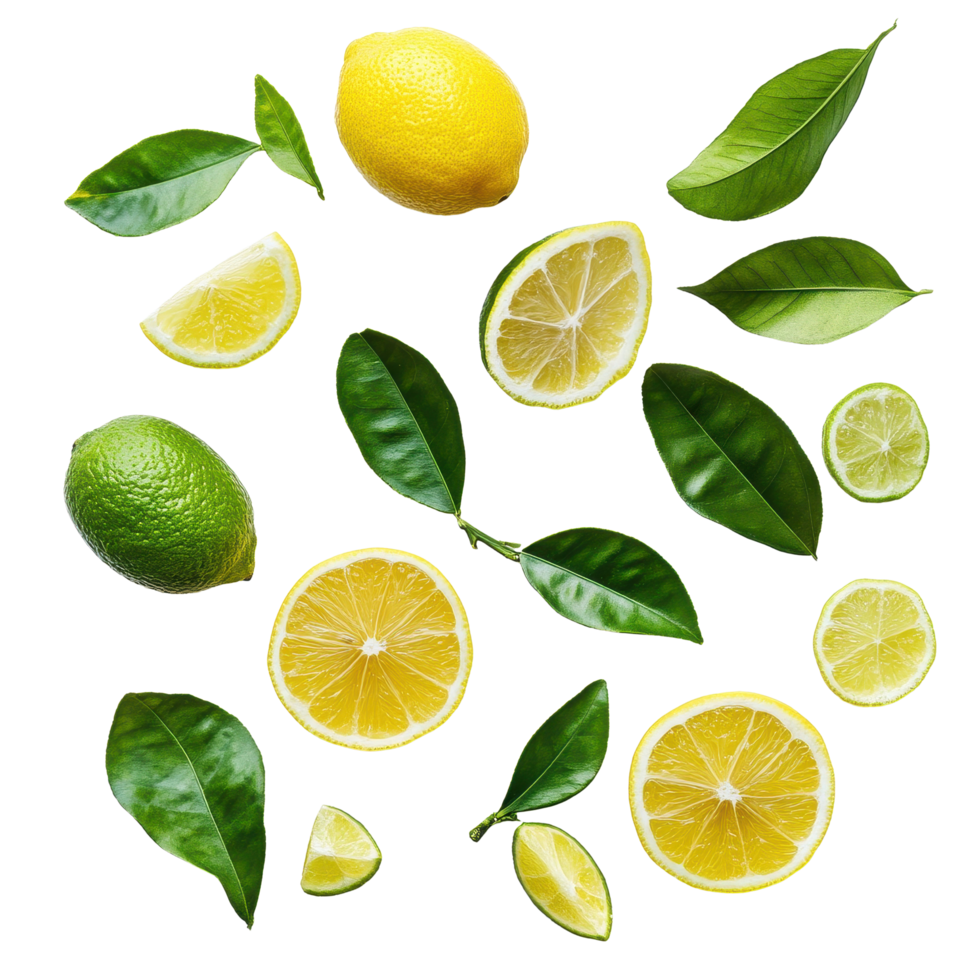 Fresh lemons and limes with vibrant leaves on a clean Transparent background, Lemons and Limes with Leaves isolated on background png