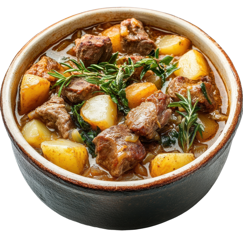 Hearty meat and potato stew simmering in a rustic pot garnished with fresh herbs, pot stew with potatoes and meat in a stew, Transparent background png