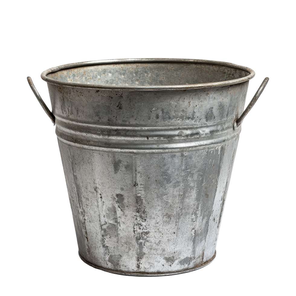 Metal bucket against a Transparent background showcasing rustic design and practical utility for various uses, Large Metal Bucket, background png