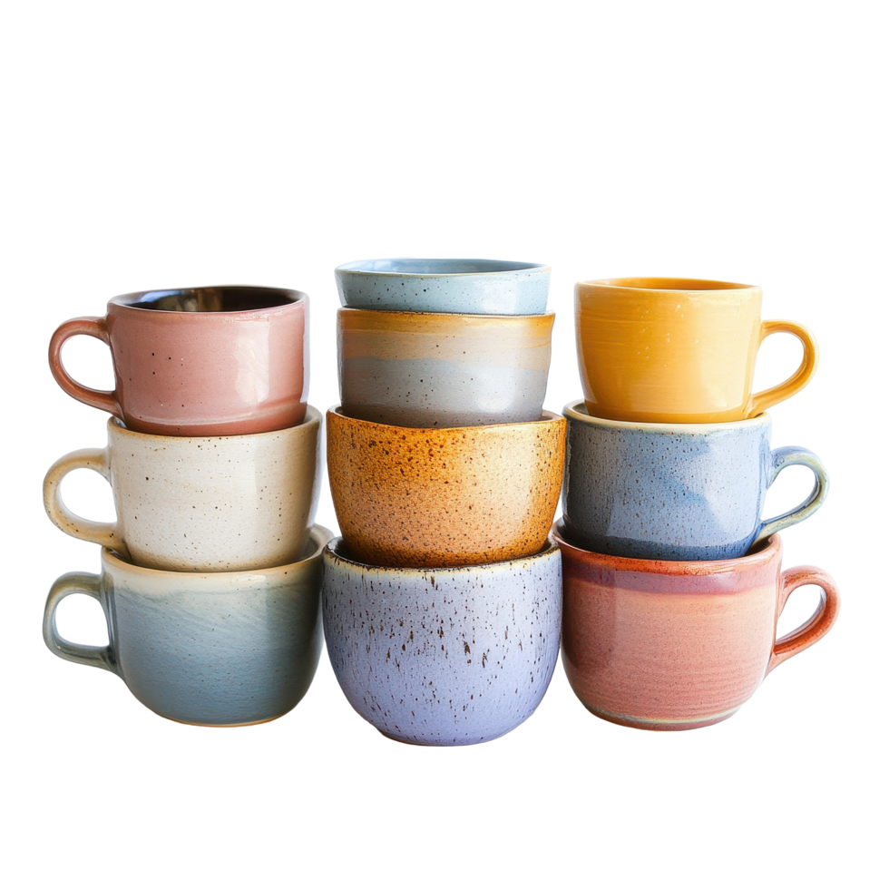 Stacked colorful ceramic cups creating a cheerful display against a simple Transparent background, Colorful ceramic coffee and tea cups png