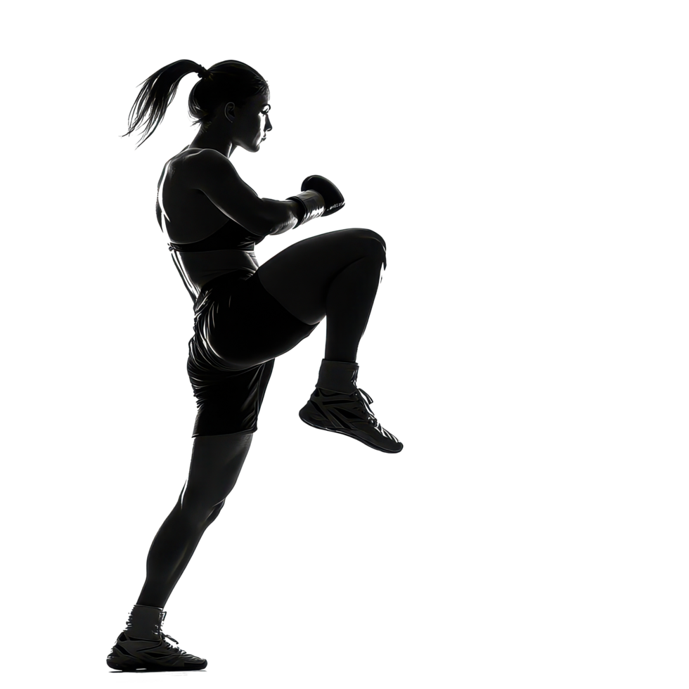 Woman practicing Muay Thai kicks in a dynamic silhouette during an evening training session, Silhouette a woman doing kicks in Muay Thai sport, isolated on Transparent background png