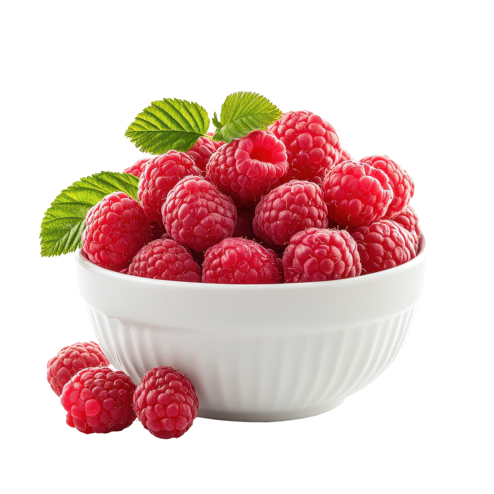 Fresh raspberries piled in a white bowl on a clean white background, Fresh Raspberries in a Bowl Isolated on white background png