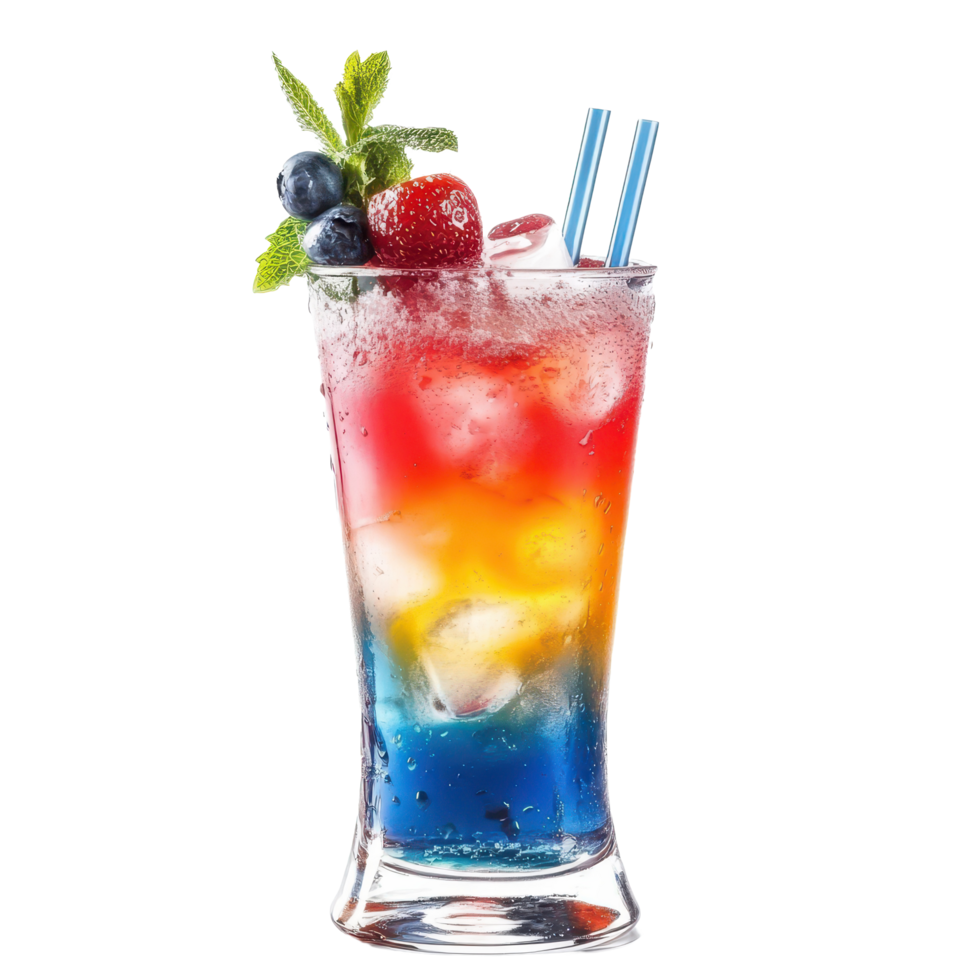 Vibrant glass of colorful beverage garnished with mint and fruits served in a refreshing setting, glass colorful drink with a garnish on the rim, white background png