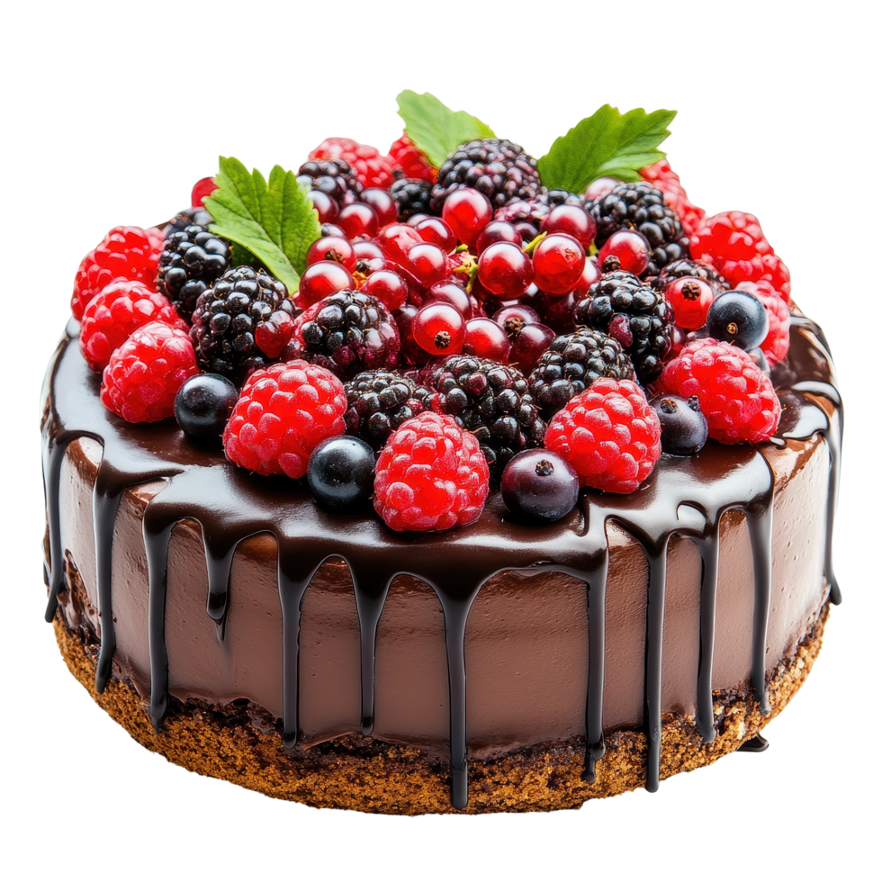 Indulgent chocolate cake topped with fresh berries on a white background, Chocolate cake with berries isolated png