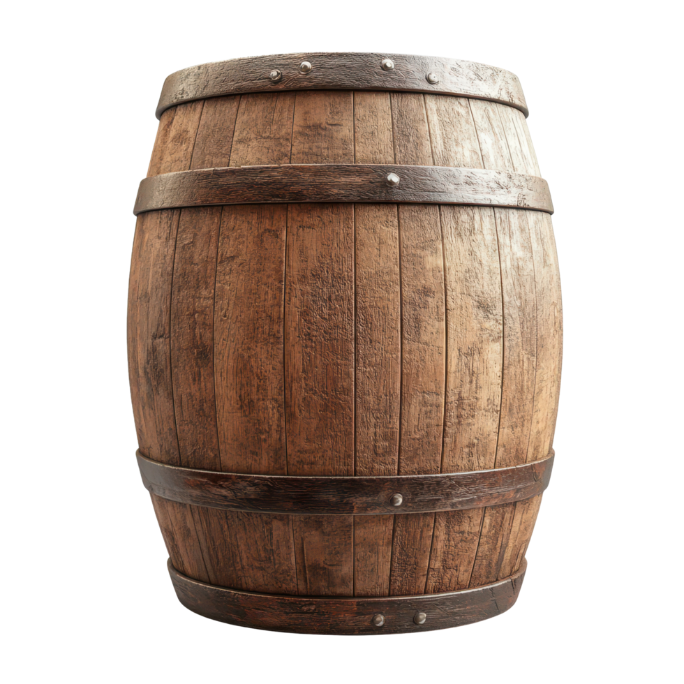 Rustic wooden barrel on bright Transparent background for decor and storage ideas, Wooden barrel on background png