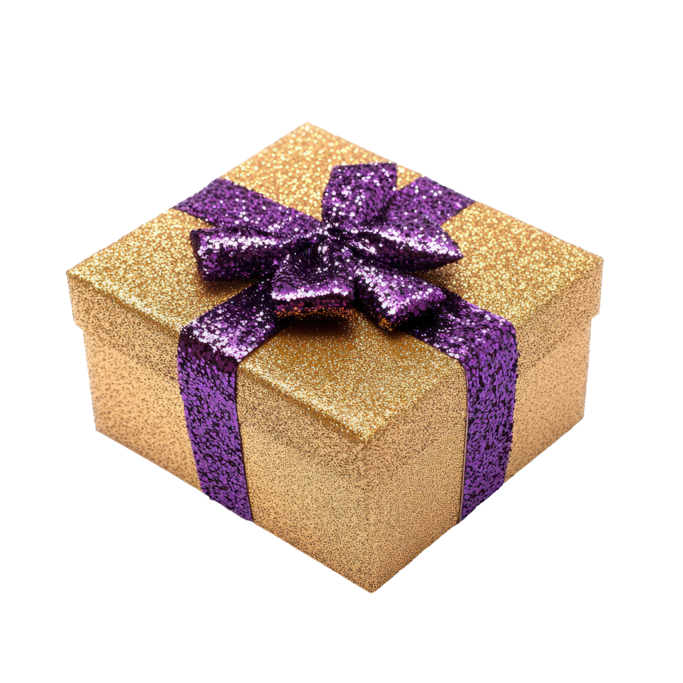Gift box with golden and purple glitter for special occasions on a bright background, golden and purple glitter gift box isolated onisolated on white background png