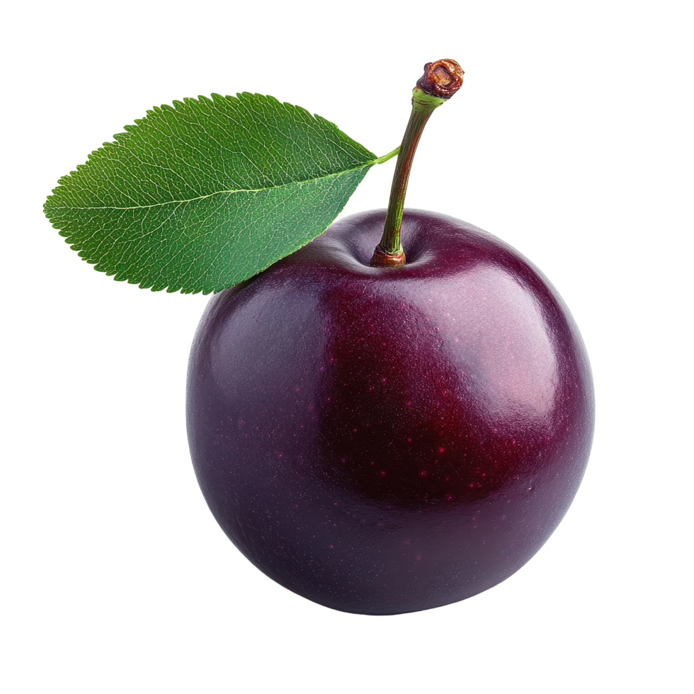 Fresh ripe plum with green leaf on a clean Transparent background, Plum isolated on background png