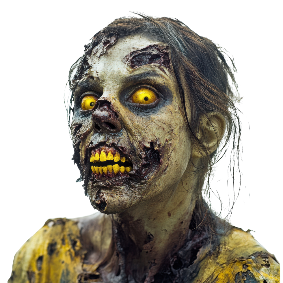 Portrait of a female zombie with yellow teeth and decayed features on a Transparent background, Portrait a Female Zombie with Yellow Teeth on background png