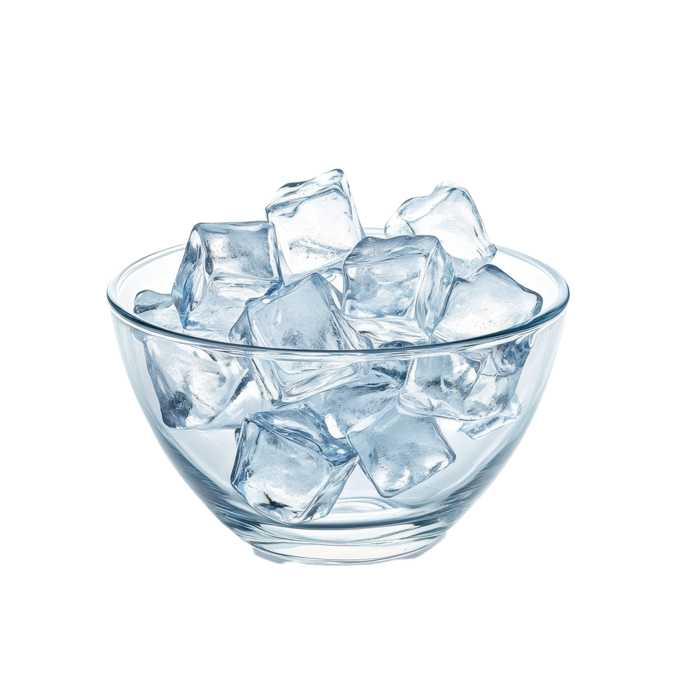 Ice cubes in a clear glass bowl isolated against a white background enhancing their refreshing appearance, ice cubes in the bowl isolated on white background png