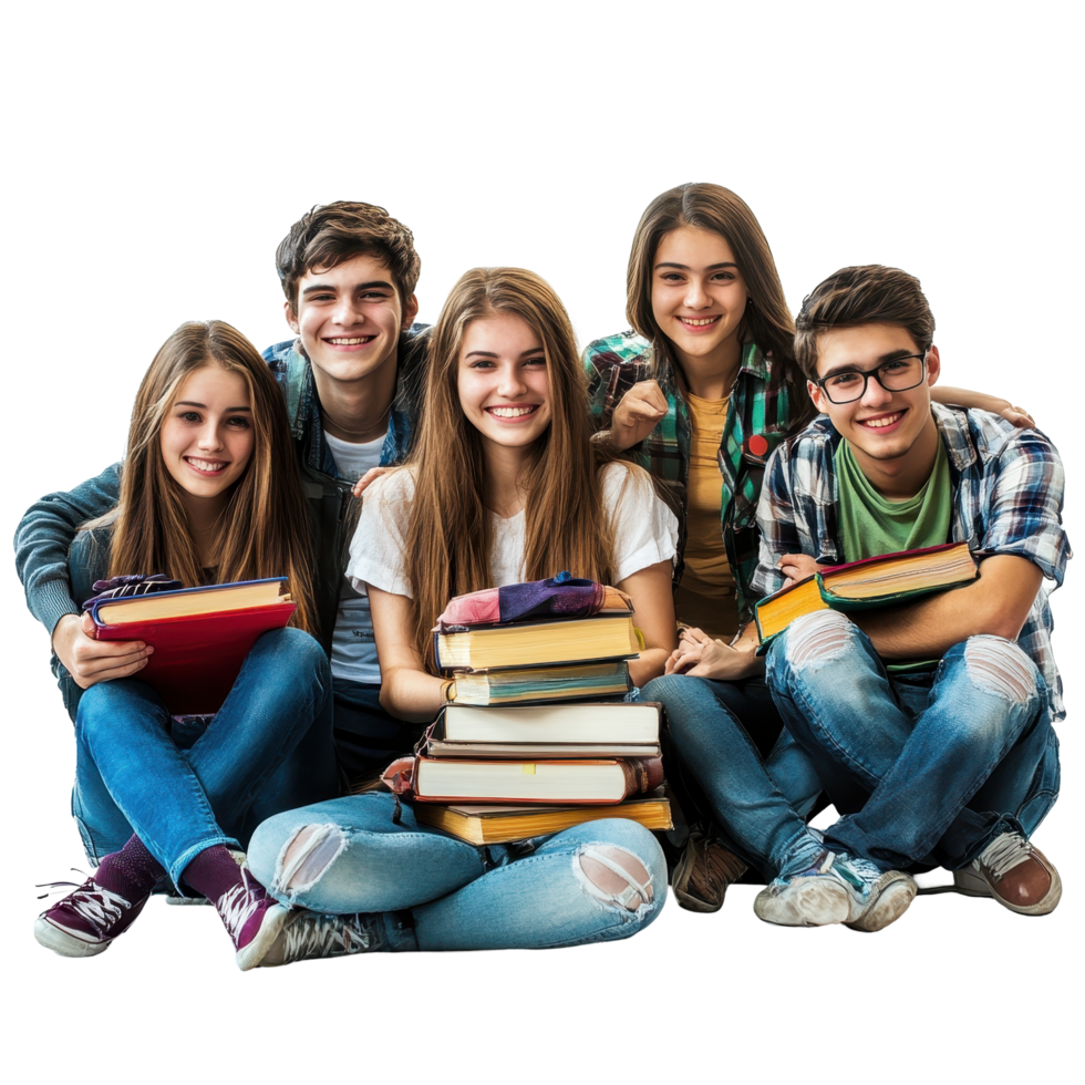 Students enjoying together while studying with books indoors in bright setting, Group students isolated on white png