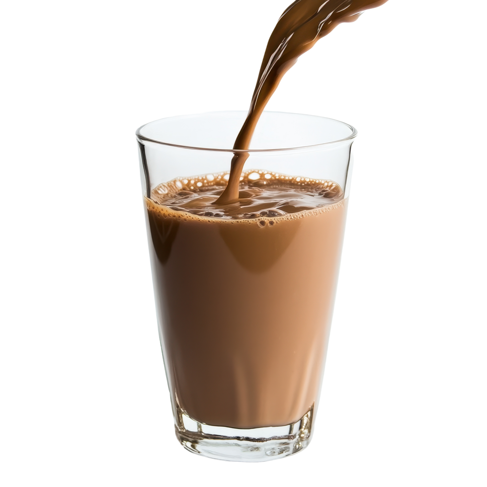 Pouring rich chocolate milk into a clear glass on a white background for a simple and elegant presentation, Chocolate milk in glass png