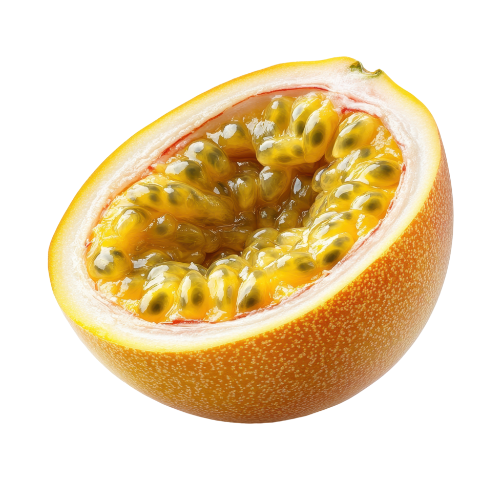 Half yellow passion fruit showcasing vibrant pulp and seeds on a clean white background, Half yellow passion fruit isolated on white background png