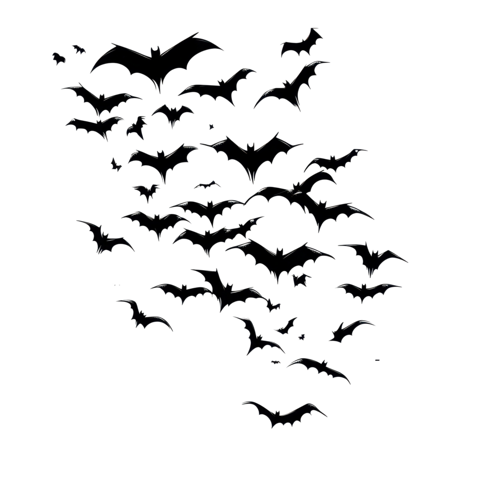 Flock of bats silhouettes flying at dusk against a pale backdrop, flock of some bats silhouette Stock png