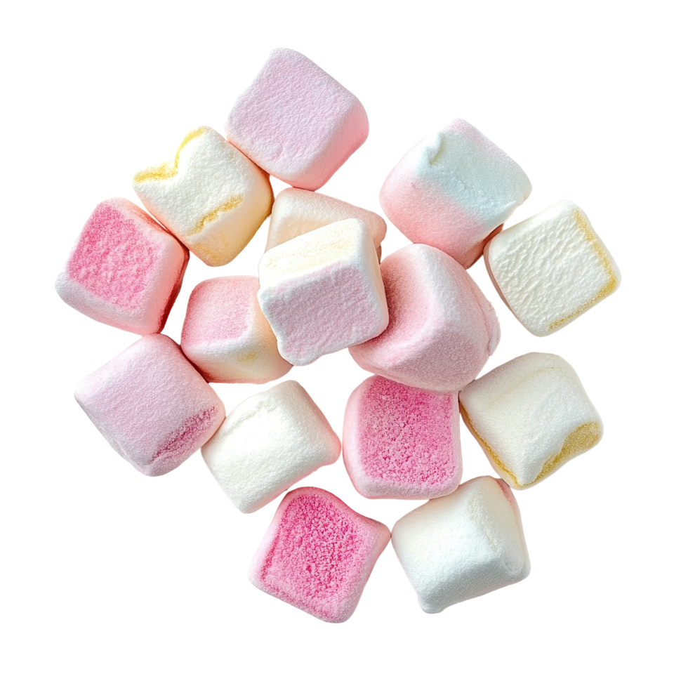 Colorful marshmallows scattered on a Transparent background suitable for dessert decoration and sweet treats, marshmallows candyisolated on background png