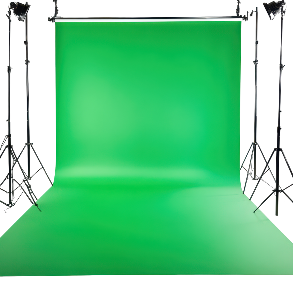 Green screen studio setup with lighting equipment for production and creative projects, Green screen isolated on white background Chroma key, white background png