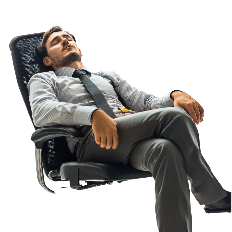 Boss resting in chair at workplace with white background during work hours, Boss Sleeping in Chair at Workplace png