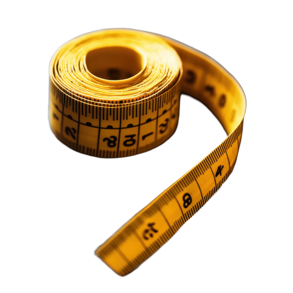 Yellow tape measure coiled neatly on a dark wooden surface showing clear measurement markings and numbers, Yellow tape measure or centimeter rolled up png