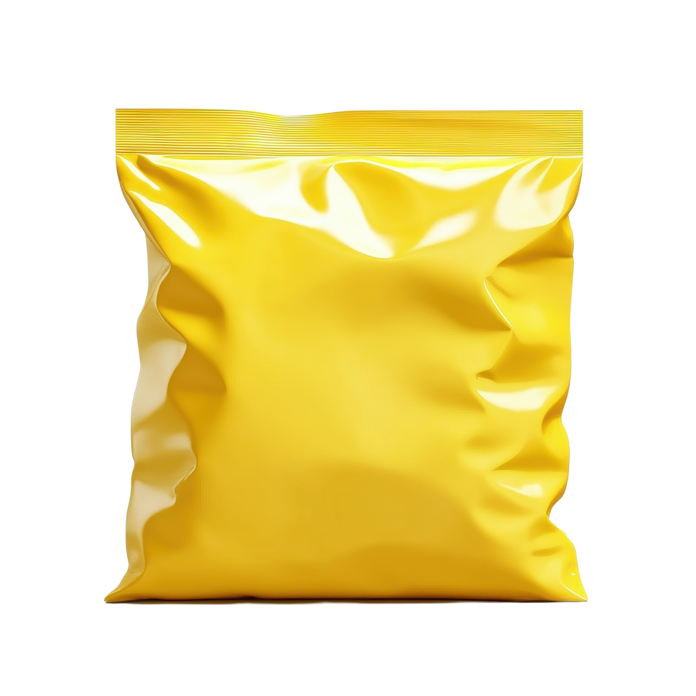 Bright yellow plastic pouch used for packaging various products in a minimalistic design, Short square yellow blank plastic foil pouch isolated on Transparent background png