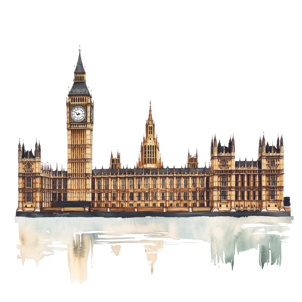 Big Ben and Houses of Parliament showcase iconic London architecture in a beautiful artistic representation, The iconic Big Ben and the Houses Parliament in London, Transparent background png
