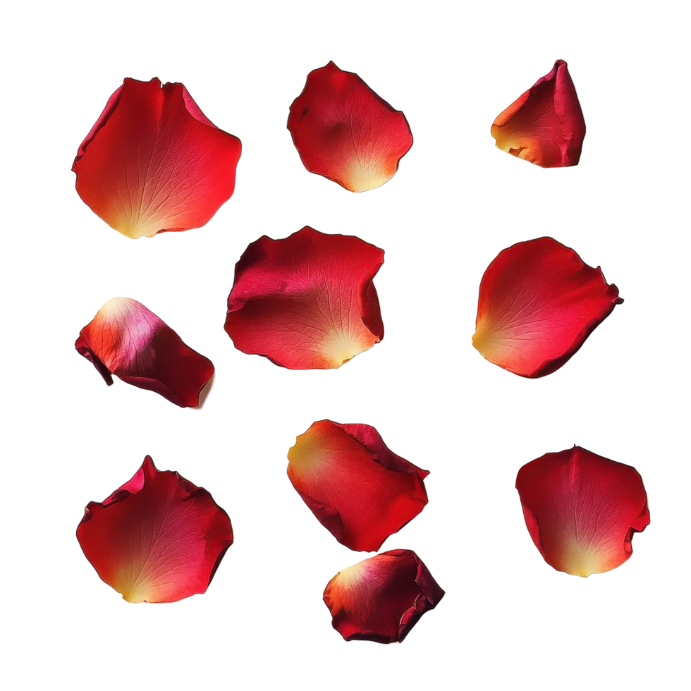 Red rose petals scattered on a Transparent background creating a vibrant floral arrangement, Multiple roses petals on background png