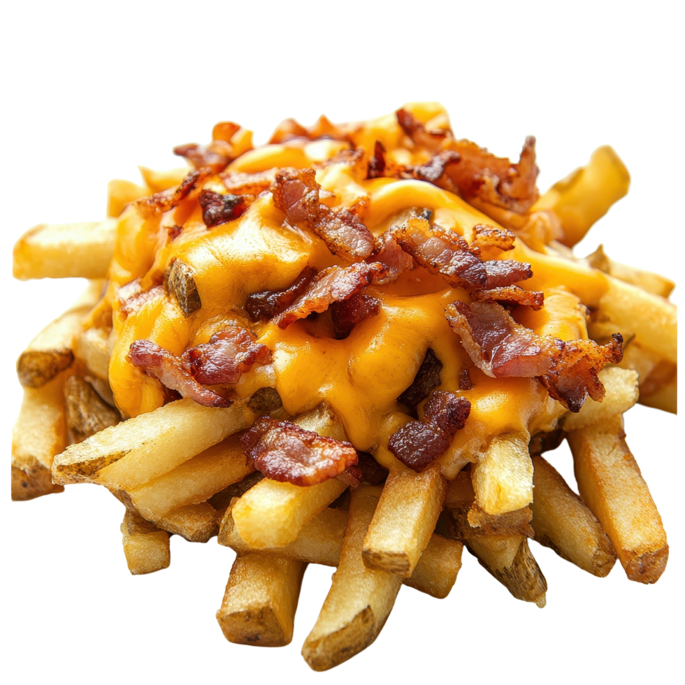 Delicious loaded fries topped with cheddar cheese and crispy bacon on a white plate, fries with cheddar and bacon, white background png