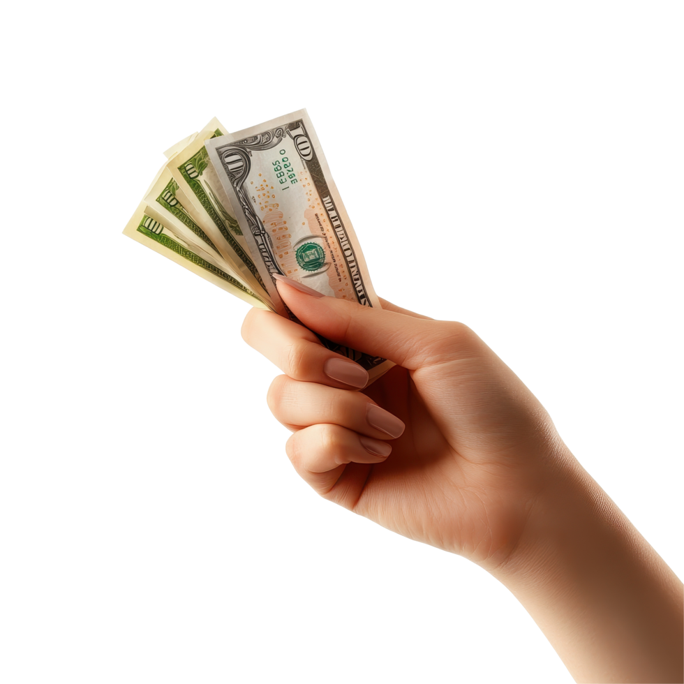 Hand holding euro bills isolated against a clean Transparent background representing currency and financial transactions, Hand holding euro money isolated on background png