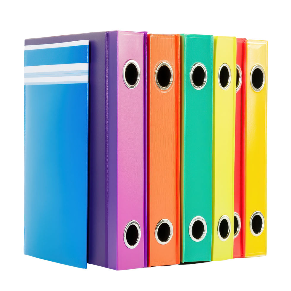 Colorful office binders arranged neatly on a Transparent background for organizational simplicity, Office binders, folders isolated on background png