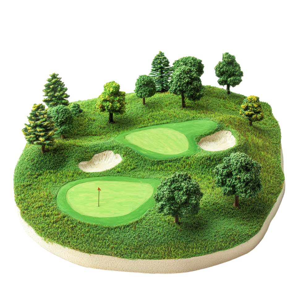 Miniature lush golf course with bunkers and trees on a Transparent background, Lush Golf Course Miniature, background png