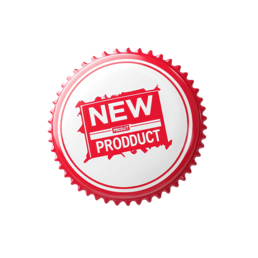Exciting new product badge showcasing fresh offerings on a clean white backdrop, Red and White NEW PRODUCT Badge on Transparent background png