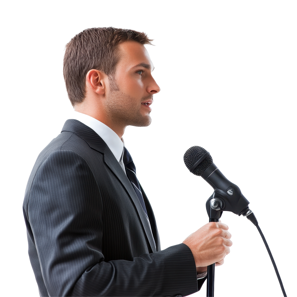 Confident businessman speaks at conference addressing industry trends and challenges, Confident Businessman at a conference Speaker with Microphone Isolated on Transparent background png