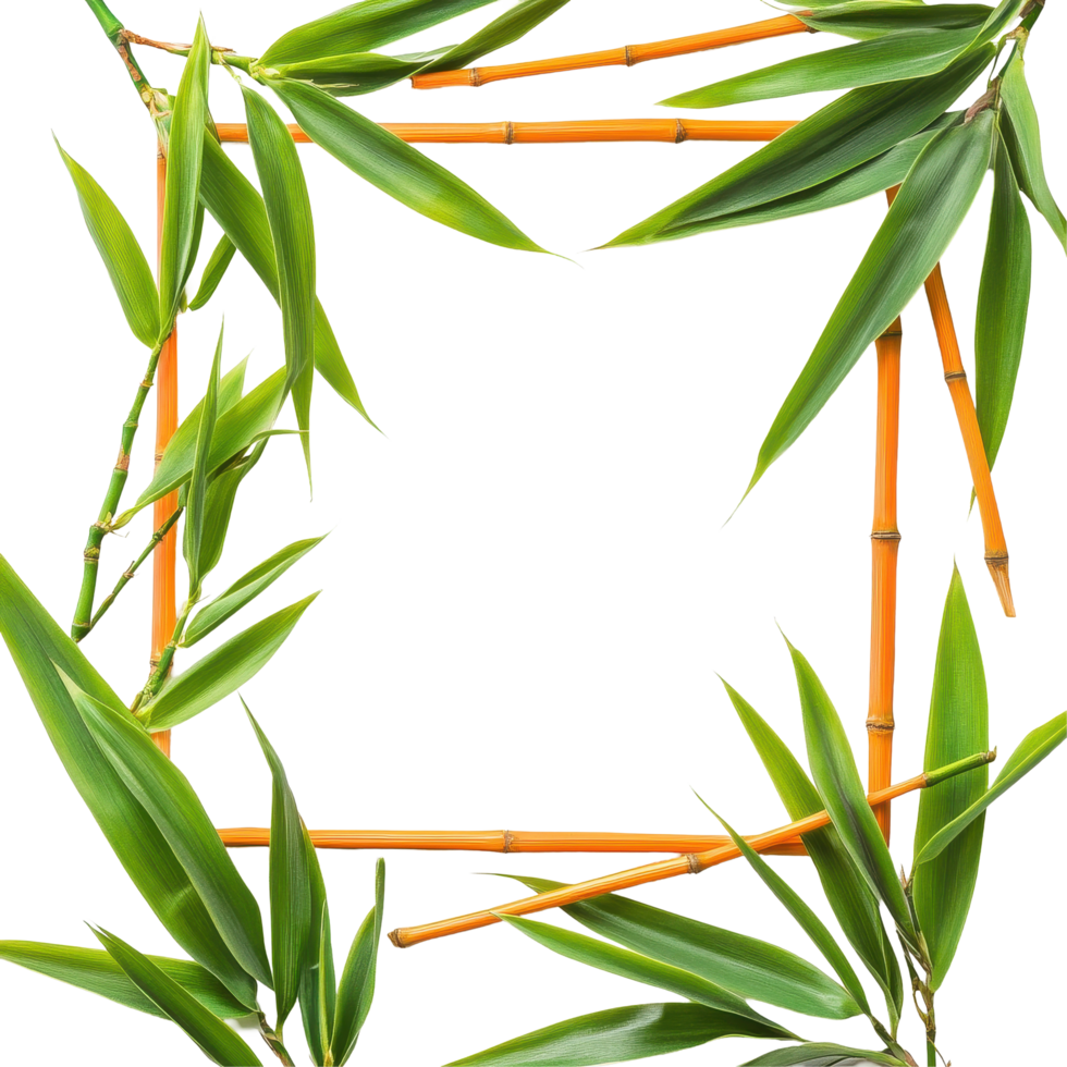 Bright orange frame surrounded by vibrant bamboo leaves isolated against a light background, Image orange frame among bamboo leaves isolated on white background png