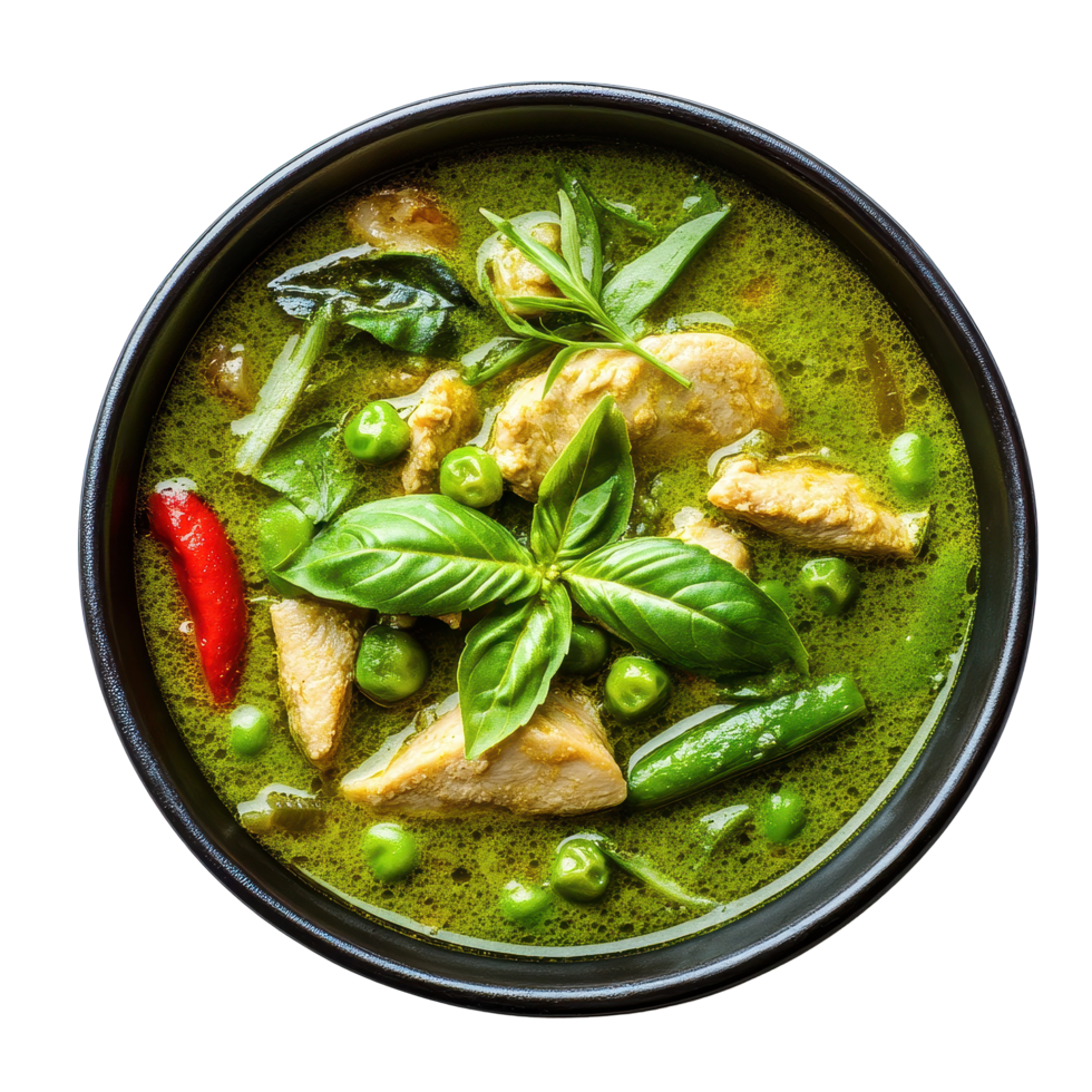 Traditional Thai green curry with chicken and fresh ingredients on a Transparent background, traditional thai green curry isolated on background png