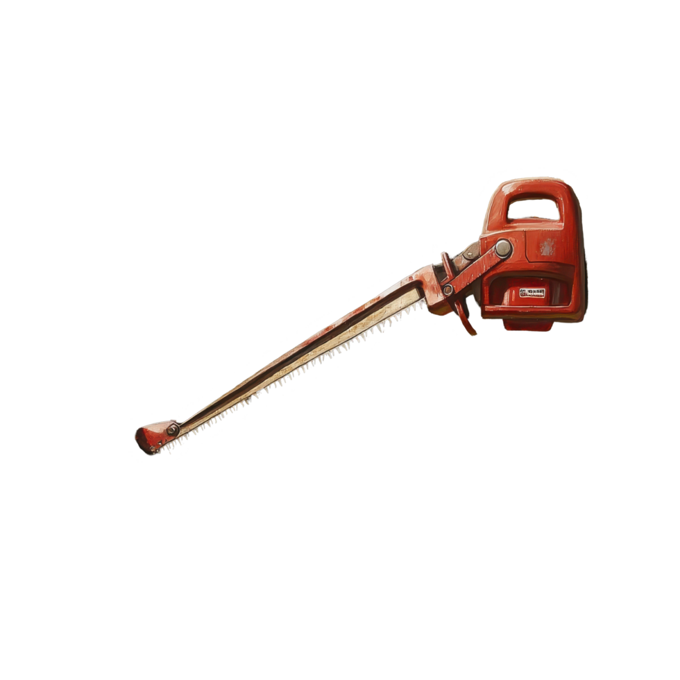 Hedge trimmer positioned against a neatly trimmed hedge under a blue sky with clouds, Hedge Trimmer png