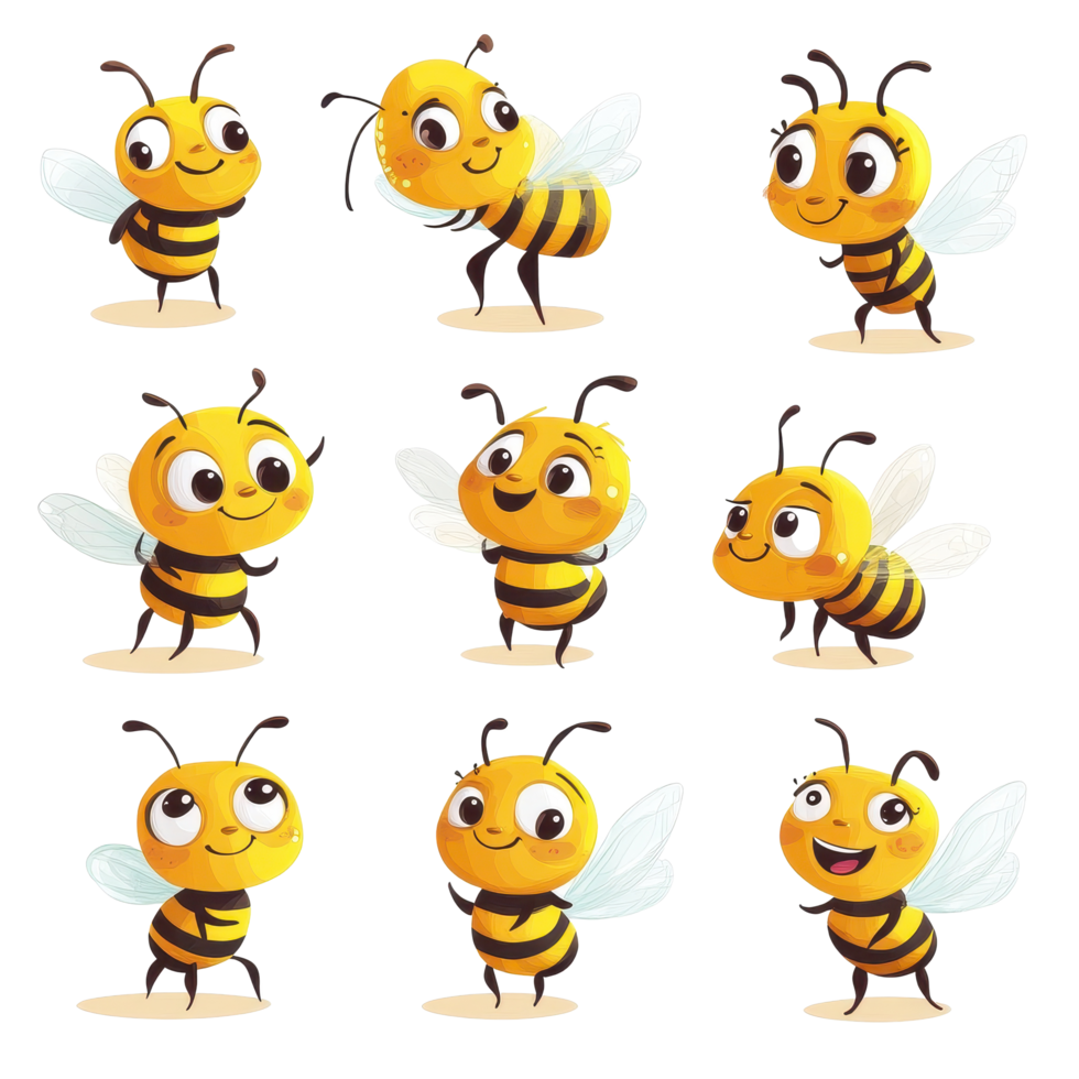 Cute and funny cartoon bee characters showcasing diverse expressions and poses, Cartoon Bees, Cute and Funny Bee Characters, isolated on white background Background png