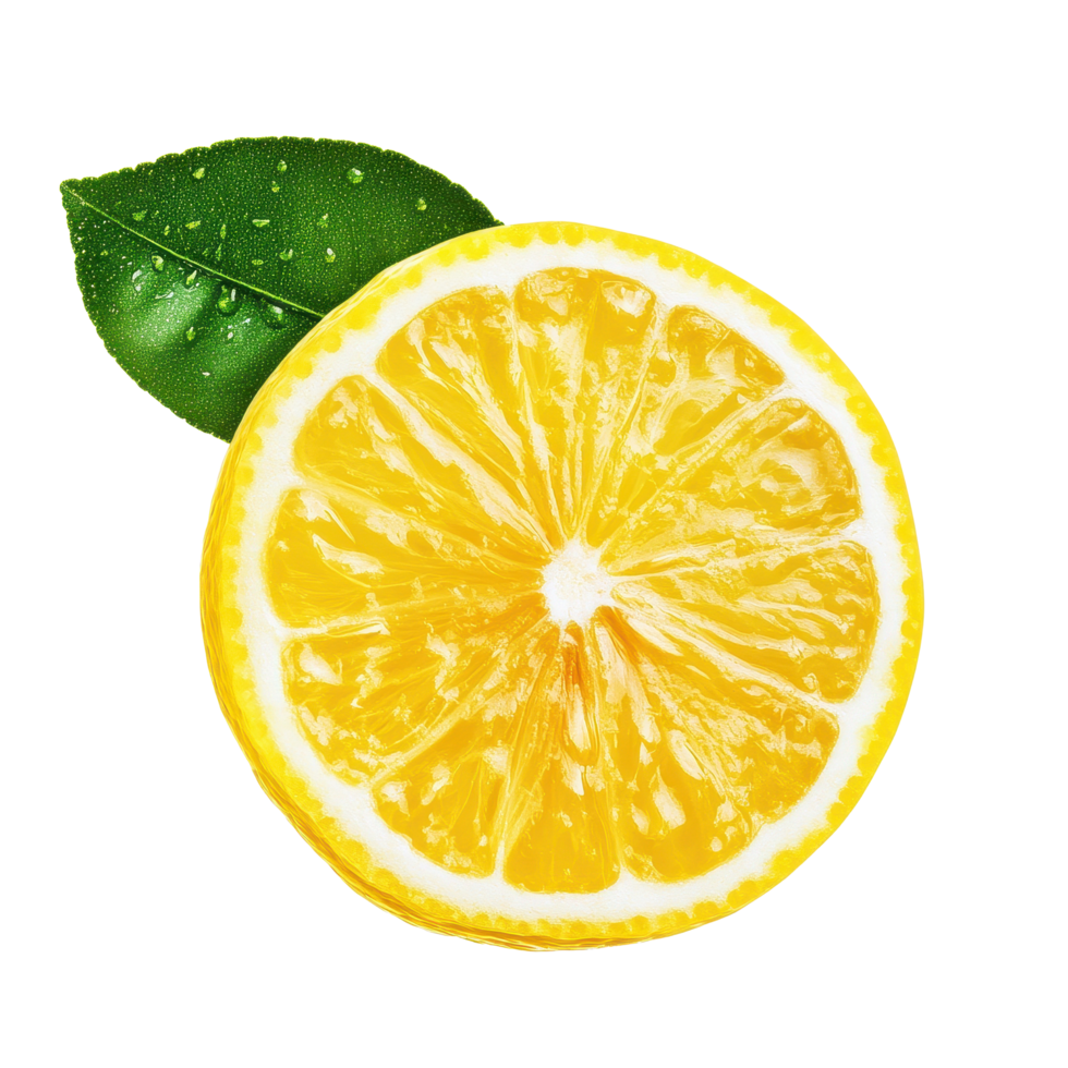 Freshly sliced lemon fruit with green leaf isolated on Transparent background showcasing vibrant color and texture, piece lemon fruit isolated, isolated on background png