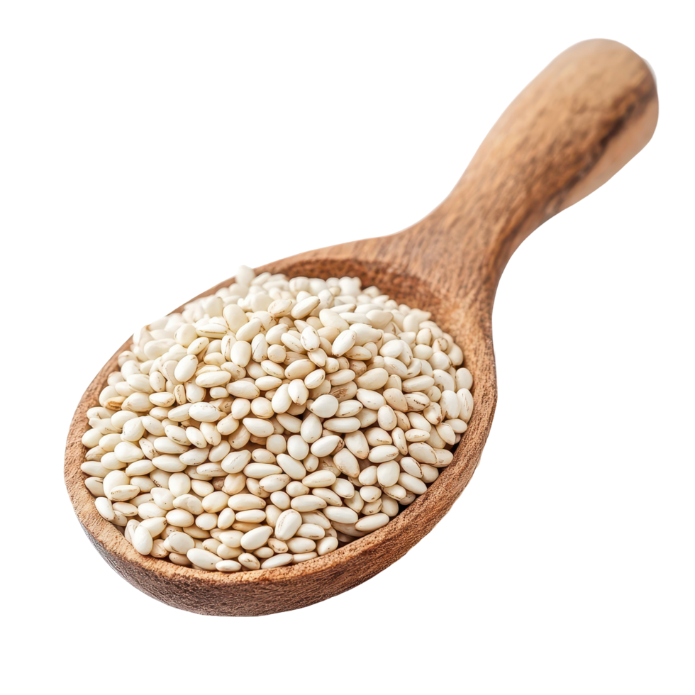 White sesame seeds displayed in a wooden spoon against a clean Transparent background, White sesame isolated on background png