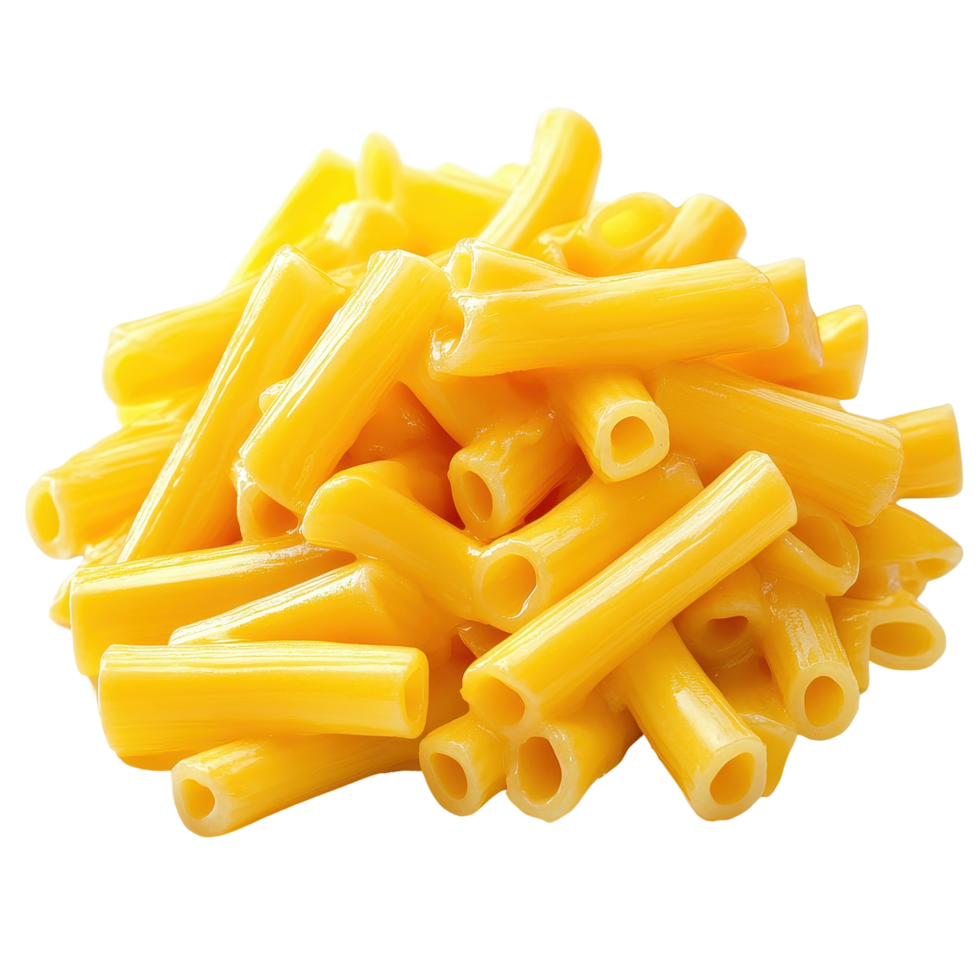 Macaroni and cheese pasta arranged on a Transparent background showcasing its vibrant yellow color, Macaroni and cheese isolated on background png