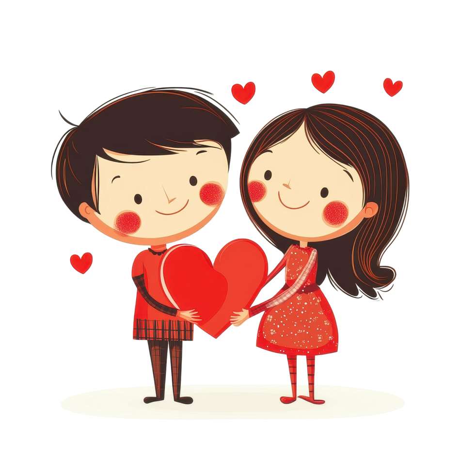 Cute cartoon couple holding a heart with little hearts in the background on a white backdrop, cute cartoon couple with heart isolated png