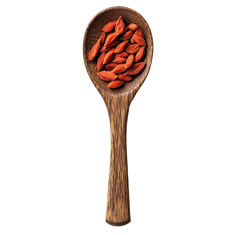 Goji berries displayed in a wooden spoon on a clean white background, goji berries in wood spoon on white background png