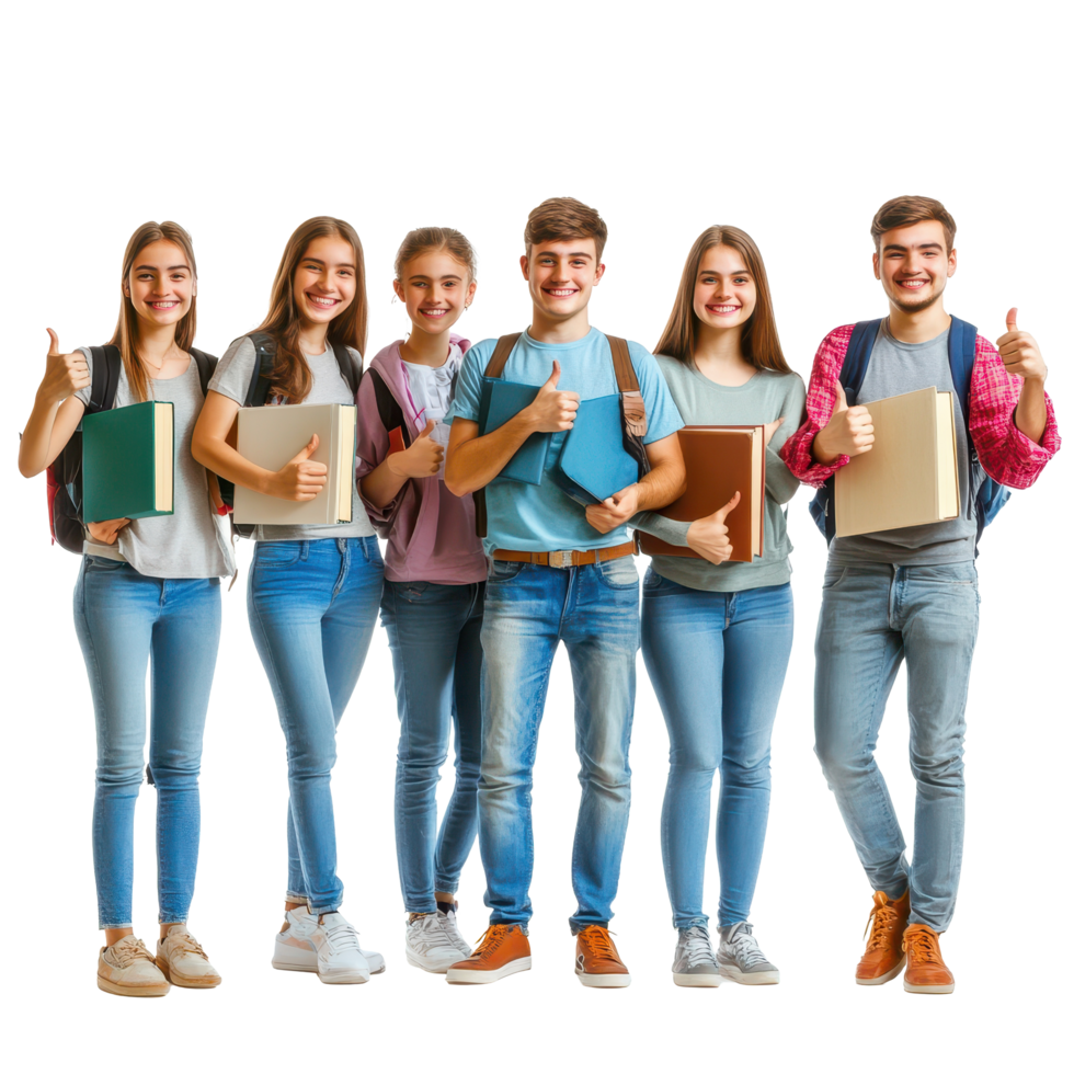 Group of enthusiastic students with books giving thumbs up in a bright setting, Group Students with books gesturing thumbs up isolated on white background png