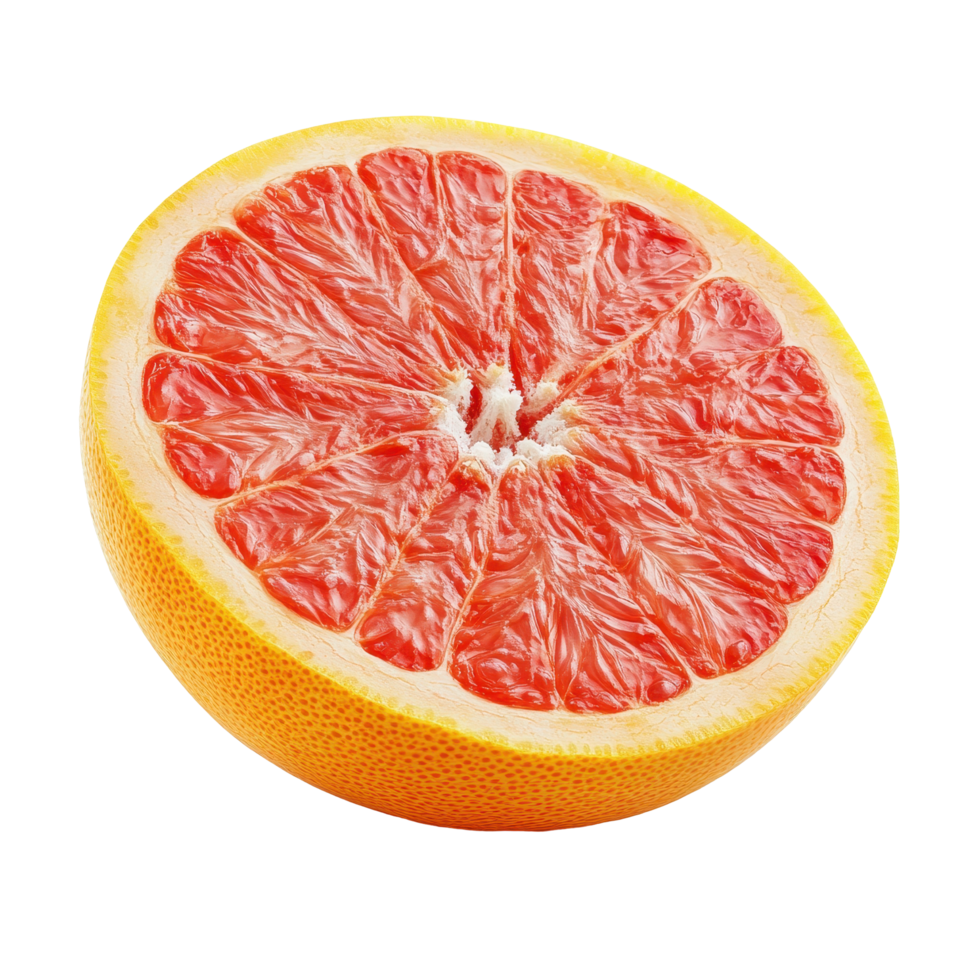 Fresh grapefruit half displaying vibrant pink flesh on a clean white background, Grapefruit half isolated on white background png