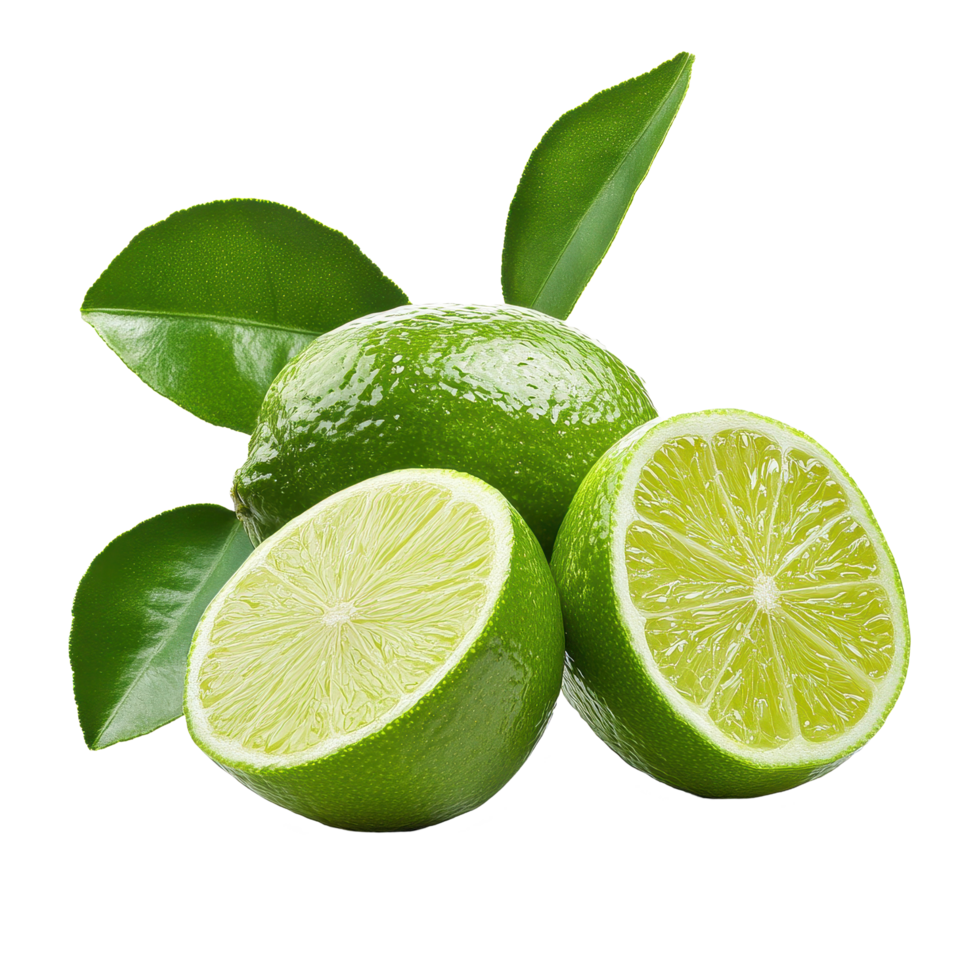 Fresh lime with green leaves isolated on a white background showcasing vibrant colors and natural texture, fresh limeisolated on white background png