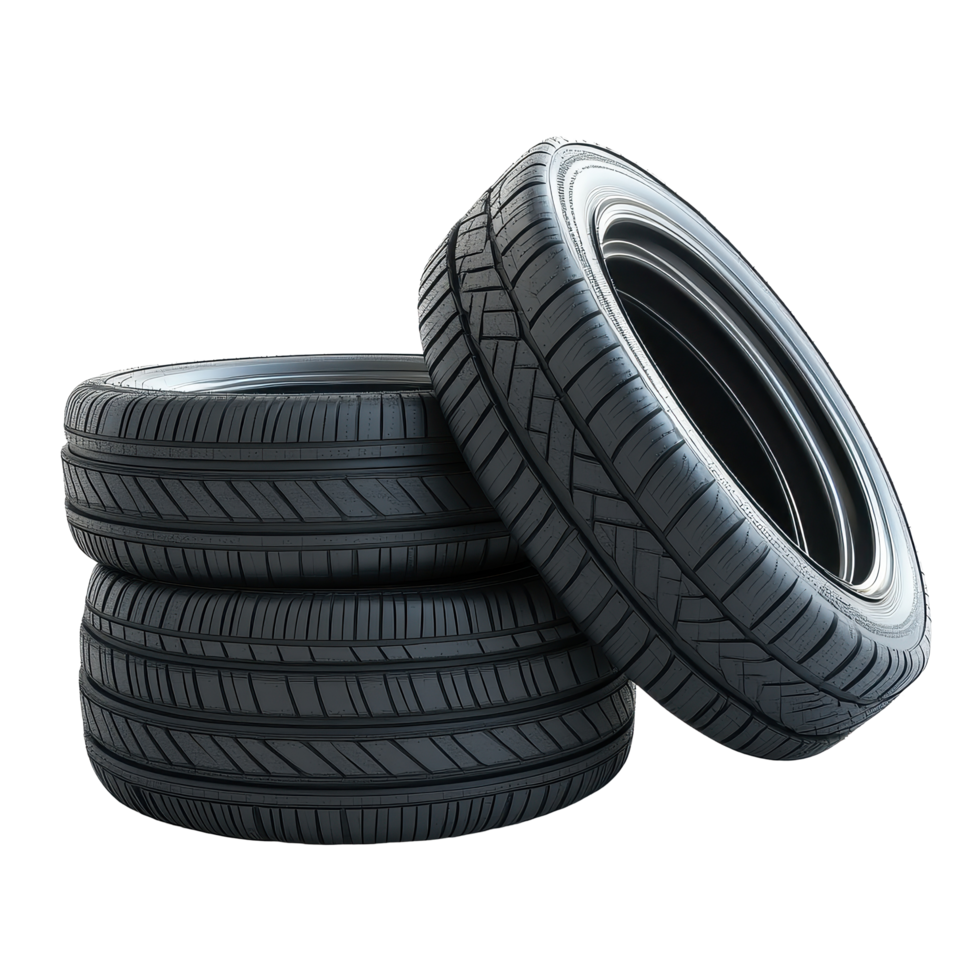 Stacked black tires on a Transparent background showcasing their tread and design details, tire stacks isolated on background png