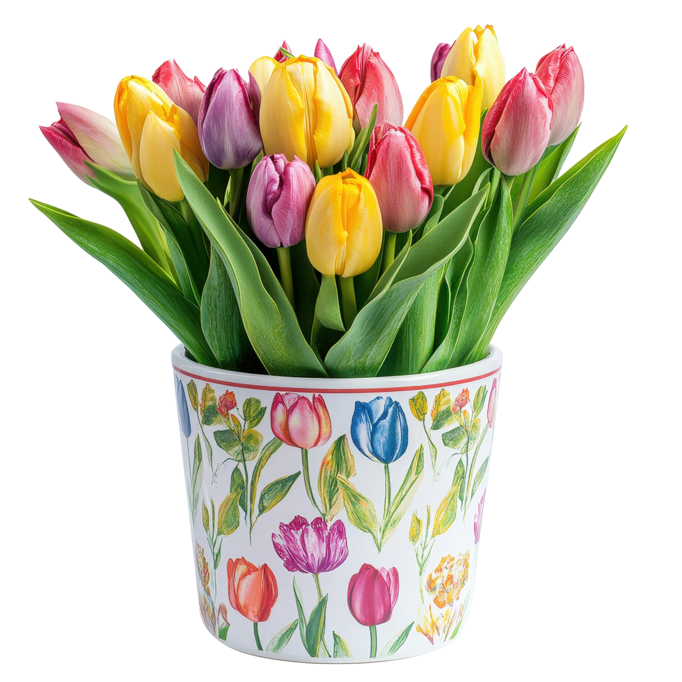 Brightly colored tulips arranged in a decorative pot showcasing springs beauty and charm, Image number 7 with tulips inside and tulips decorated in front, isolated on white background png
